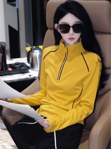 เสื้อยืดคอกลมแขนยาวบุขนแกะมีซิปครึ่งตัวสำหรับผู้หญิงในฤดูใบไม้ร่วงและฤดูหนาว เสื้อชั้นในกีฬา เสื้อผ้าทำงานสไตล์เกาหลี