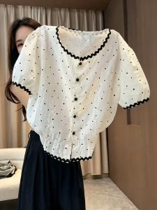 NUMEN BUTTON | Plus Size Stylish Color Block Lace Dots Round Neck Bubble Sleeve Shirt