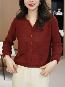 QINGNAER | Elegant Versatile Red Lace V-neck Knit Cardigan