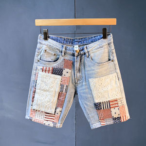 Summer High-End Color Block 5-Point Jeans Mens Casual Brand Light Wash Mid-Waist Straight Leg Trendy Five-Point Shorts