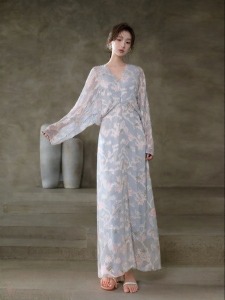 JK&JS | Floral Cut-out and Gold Foil V-neck Long Sleeve Summer Dress