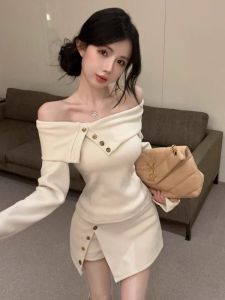 GUZILIAN | Fall New Style Little Fragrance Wind One Shoulder Irregular T-Shirt Top Split Skirt Pants Rich Girl Set Fashion Two Piece Set