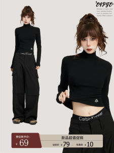 เสื้อสเวตเตอร์ถักคอสูงสีดำ แขนยาว ทรงเข้ารูป เสื้อชั้นในสั้น สำหรับผู้หญิง ฤดูใบไม้ร่วง/ฤดูหนาว เสื้อคลุมกันหนาวแบบสวมหัว