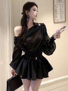 Pure Desire Mesh Pleated Long Sleeve Top And Half-length Skirt Set Slant Shoulder Design Slimming Flower Bud Style Fashionable Womens Outfit