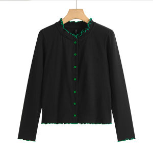 Slim Fit Short Cotton Sweatshirt Womens round Neck Cardigan Pure Color Sweet Style Chinese Brand Commute Fashion Outerwear