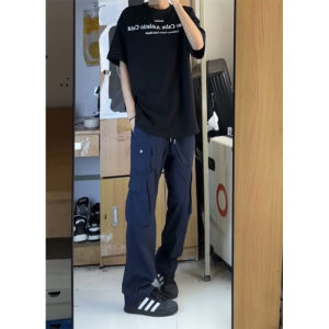 กางเกงทำงานผู้ชายสีน้ำเงินเข้ม กางเกงขายาวทรงหลวมสำหรับกลางแจ้ง ฤดูร้อน 2024 กางเกงขายาวทรงตรงเอวกลาง กางเกงขายาวทรงตรง
