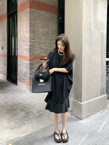 Loose Fish Tail Short Sleeve Womens Dress Summer Elegant Slimming Maxi Skirt Polyester Fiber round Neck H Type Pure Color