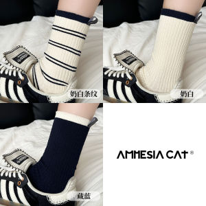 Womens Mid-Calf Striped Socks Thin Cotton Breathable Moisture Wicking Spring Autumn Fashion Korean Style Cat Memory Loss