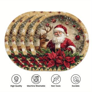 VIKAMA 4-Piece Santas Reindeer Gold-Edged Placemats Holiday Gathering Family Dining Table Decor Accessories Party Decorations