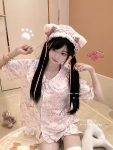 Miubby ชุดนอนแขนสั้นลายการ์ตูนน่ารัก คอตุ๊กตา ชุดนอนผู้หญิง ชุดนอนฤดูร้อน ชุดนอนผ้าโพลีเอสเตอร์ ชุดนอนผู้หญิง