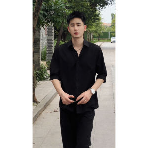 เสื้อเชิ้ตแขนสั้นผู้ชาย สีดำ ผ้าไหมน้ำแข็งบาง ป้องกันแสงแดด คอคุบากาเมริกัน ทรงหลวม ฤดูร้อน 2024 แฟชั่น