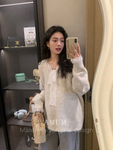 AMUM Maternity Sweater Long Sleeve Knitted Loose Casual Lace Butterfly Knot Sweet Korean Style V-Neck Regular Length Sweater