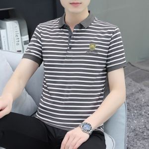 ROMON | Lormen Mens Pure Cotton Short Sleeve Polo Shirt Summer Thin Business Casual Striped With Collar T-shirt Ice Silk Clothes