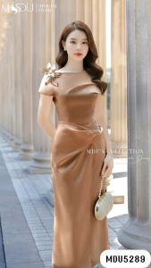 Váy Thiết Kế MDU5289 Lụa Twist Satin Vân Cao Cấp Dáng Suông Dài Nâu Đồng Sang Trọng Từ MDU