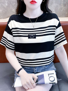 Summer New Loose Korean Style Striped Short Sleeve T-Shirt Womens Small Size Versatile Top Cotton Polyester Blend round Neck