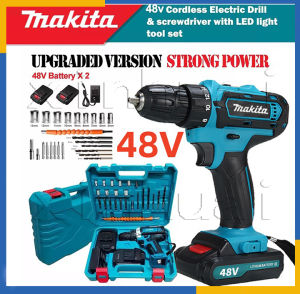 Makita Cordless Electric Hand Drill Heavy Duty Rechargeable Portable Dril Original 48V Wireless Drill 2 Battery Brushless Set Drill Power Tool Bit