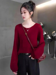 เสื้อถักแบบบางสีแดงสำหรับผู้หญิง ฤดูใบไม้ร่วง 2025 ทรงหลวม สไตล์หลวมๆ เสื้อถักแขนยาวทรงปกติ