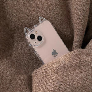 Thickened Silicone Phone Case for Apple 16 15 pro Max 14 pro Full Cover Protection Womens Style Anti-Fall Minimalist Cat Ear Design
