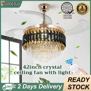 Gogeous Crystal Ceiling Fan With Light Remote Control 42inch Luxury Chandelier with fan 3 colors Lights 6 speeds wind Modern Ceiling Fan Light Retractable For Living Room Bedroom