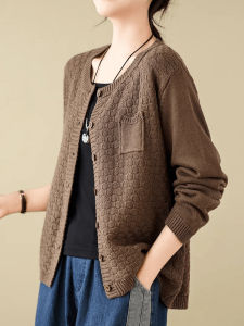 เสื้อคาร์ดิแกนถักแขนยาวหลวมๆ สไตล์เรียบง่ายสำหรับผู้หญิงในฤดูใบไม้ร่วง เสื้อคลุมกันหนาวแบบสวมหัวที่สวมใส่สบายและมีสไตล์