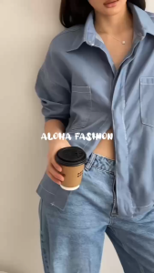 ALOHA Lexa Denim Overshirt 2023 Contrast Stitch | Kemeja Atasan Blouse Wanita Lengan Panjang Denim