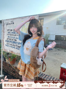 Sweet Style Blue off Shoulder T-Shirt Womens Summer Loose Short Sleeve Cotton Top Pumpkin Dog Decoration 3D Embellishment