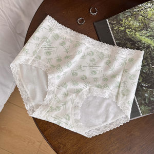 Antibacterial Cotton Lace Briefs Womens mid High Waist Triangle Pants Floral Print Youth Underwear Comfortable Cotton Inner Thigh