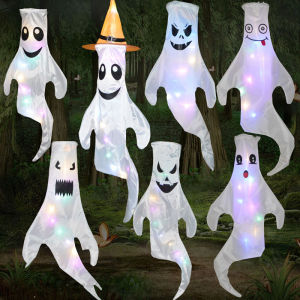 LED Halloween Decoration Glowing Horror Ghost Flying Flag Windsock with Color Light String for Outdoor Garden Hanging Lanterns