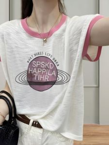 เสื้อยืดแขนสั้นผ้าฝ้ายลายดอกไม้ไผ่ ทรงหลวม สไตล์เรโทร สำหรับผู้หญิง ฤดูร้อน 2024 เสื้อผ้าทำงานสไตล์ย้อนยุค