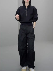 UYFY | Fashionable Black Two-Piece Set Womens New Style Spring Autumn High-End Feelings Streetwear Comfortable Long Sleeve Crew Neck