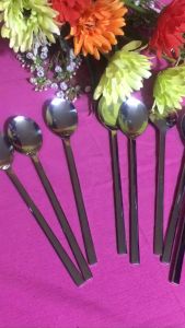 Combo 10 muỗng / 10 tìa inox sáng bóng đầu tròn cán dẹp đặc ruột dài 22 cm theo phong cách Hàn Quốc