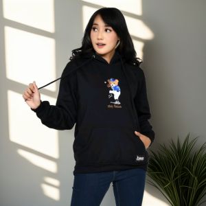 Sweater Hoodie Cewek Cowok Bordir Bear Hitam Tebal