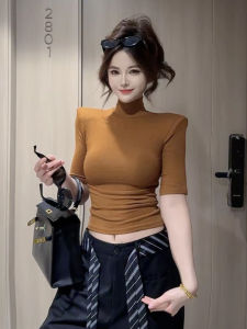 Áo Thun Cổ Cao Ôm Vừa Vặn Thời Trang Thường Ngày Màu Trơn Cho Nữ Mùa Thu 2025 Áo Thun Dài Tay Ngắn Cổ Tròn Tay Dài