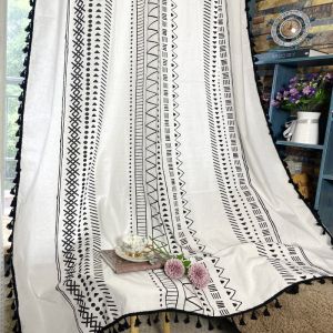 Nordic Black White Cotton Linen Living Room Balcony Floor Length Ready Made Curtains Bohemian Style Semi Light Blocking Geometric Pattern