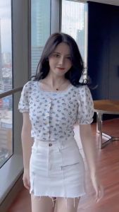 HARVEY girl shirt Summer Floral T-shirt Womens Square Neck Puff Sleeves Floral Lace Cotton Top Knitted Crop Top