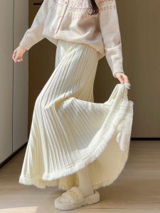 Ladies High Waist A-Line Knitted Mini Skirt with Tassel Elegant Lazy Style Long Pleated Skirt for Casual Commute Date Wear