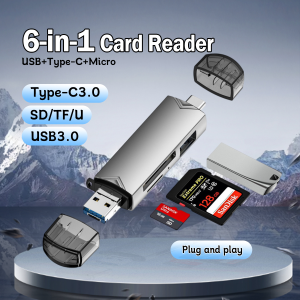 【6 in 1】OTG Card Reader USB 3.0 to Type C USB Micro Converter SD/TF Card Reader for Mobile Phone Computer Flash Drive Smart Memory Card Reader TF Camera SD Card Reader