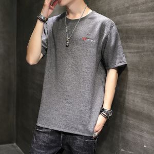 ROMON | Áo thun tay ngắn nam mùa hè mỏng bằng lanh thêu tay lửng cổ tròn áo thun thoáng khí thoải mái thời trang thường ngày