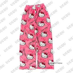 Autumn Winter Cartoon Hello Kitty Print Flannel Pajamas Pants For Women Y2K Anime Couple Sleepwear Trousers Casual Home Clothes