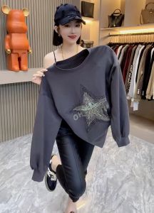 ZhanChao Brand Long Sleeve Pure Cotton Sweatshirt Womens Loose Mid-Length Diamond Embellished Street Style round Neck Top