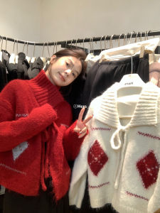Retro Korean Style Knitted Sweater Coat Womens Autumn Winter Christmas New Year Atmosphere Red Diamond Pattern Turn-down Collar