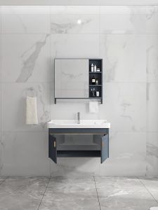 ชุดตู้อ่างล้างหน้า อ่างล้างหน้า วัสดุเซรามิค กระจกทรงเหลี่ยม พร้อมชั้นวางของ ขนาด 50x30 ซม รุ่น Bas-C3set