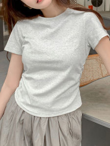 Womens Short Sleeve T-Shirt Pure Cotton Waist-Cinching Design Summer New Style Inner Wear Slim Fit round Neck Top