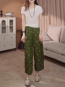 New Chinese Style Floral Print Wide Leg Pants Womens Summer Thin Loose plus Size High Waist Straight Cut Slimming Nine-Piece