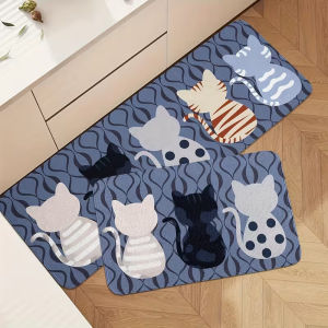 VIKAMA Cute Healing Cartoon Cat Line Up Kitchen Mat Non-Slip Absorbent Runner Rug for Kawaii Pet Kids Room Bedroom Decor