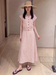 YIKEMAI | Soft Pink Short Sleeve Dress for Office Slim Fit with Button Waist Detail Plus Size