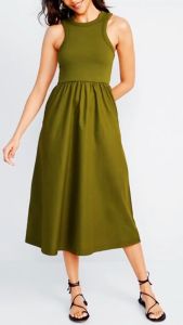 Fit & Flare High-Neck Combination Midi Dress Green Size S