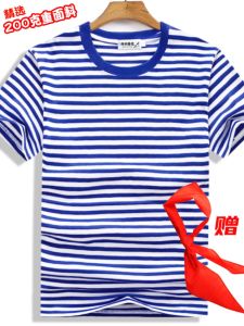 เสื้อยืดคอกลมแขนสั้นลายทางย้อนยุคสำหรับทั้งชายและหญิง เสื้อผ้าเด็กคู่รัก งานปาร์ตี้ งานฉลองปีที่ 100 ชุดนักเรียน DIY