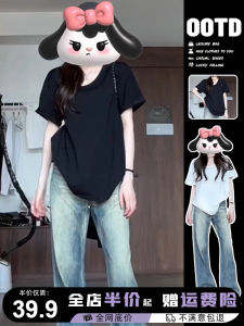 Black Loose Short Sleeve T-Shirt Womens Summer 2025 New Sweet And Spicy Girl Unique Exquisite Top Pure Color Sweet Style