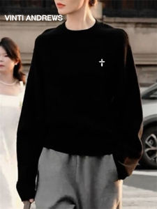 Round Collar Black Sweater Grey Straight Leg Trousers Spring Set